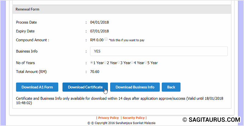 Download sijil daftar perniagaan melalui ezBiz Online SSM